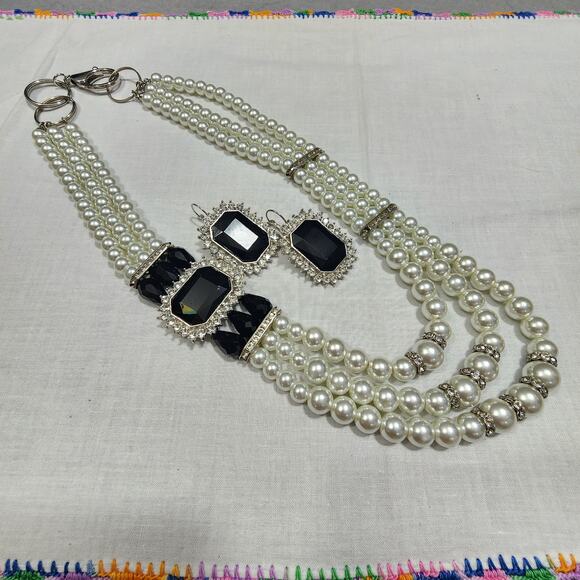 Layer Faux Pearl Black Bead Rhinestone Necklace Matching Earrings Statement Set - Picture 14 of 16